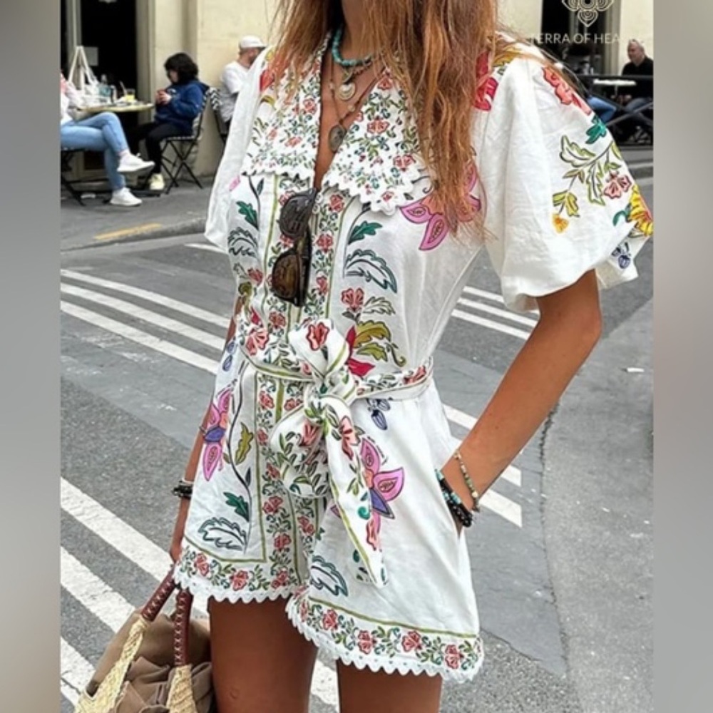 Farm Rio floral insects collared belted romper in off white print